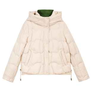 YINER音儿专选2025冬季新款高密缎面海浪纹米绿撞色H型短款羽绒服