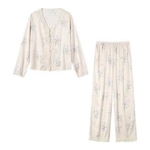 女款冰丝缎面睡衣女高级感性感长袖女士蕾丝新中式国风家居服套装