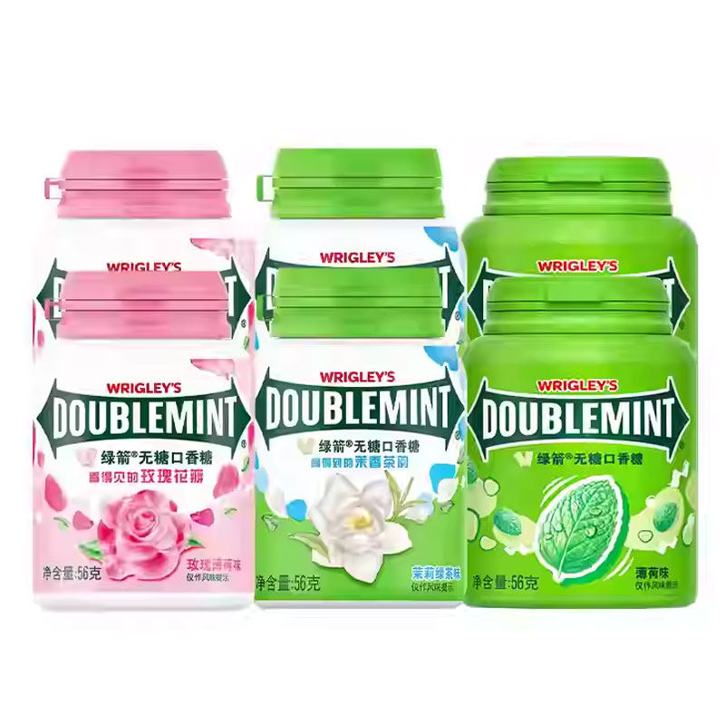 绿箭口香糖原味薄荷约40粒*6瓶装绿茶味清新口气办公室零食糖果