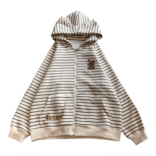宅系可爱条纹小兔刺绣猫耳朵连帽卫衣秋冬款加绒宽松小个子外套女