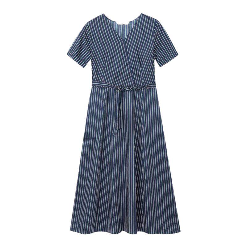 【断码清仓】末未MIIWII气质连衣裙女收腰裙子条纹V领中L233299