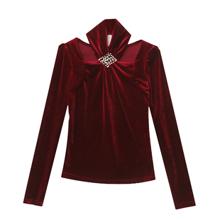 性感挂脖金丝绒上衣女长袖新春喜庆钉钻长袖t恤修身百搭打底衫潮