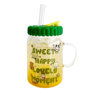 高硼硅玻璃杯学生创意喝水杯加粗吸管杯子大容量带把手果汁牛奶杯