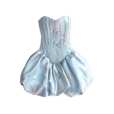 高定款 |【原创设计师正品】新中式旗袍收腰刺绣抹胸连衣裙蓬蓬裙