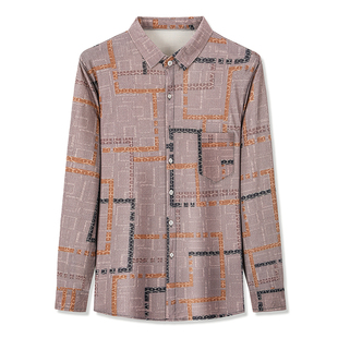 中年男士长袖衬衫男韩版宽松印花衬衣冰丝中老年男装免烫寸衫潮