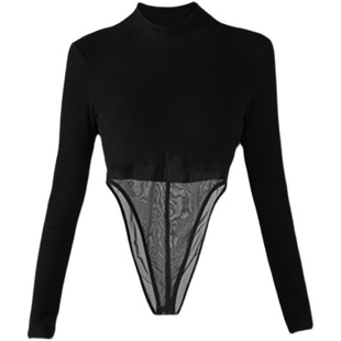 p1us春季新款黑色内搭性感修身套头拼接针织衫长袖打底衫连体衣女