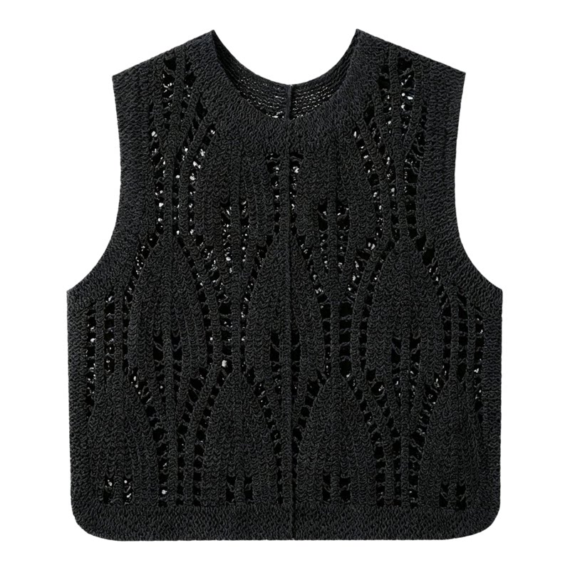 Hollow Knit Sleeveless Vest欧美女士镂空针织圆领套头马甲上衣