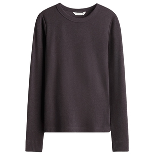 HM女装T恤春季莫代尔混纺气质修身酒红色圆领长袖打底衫0999727