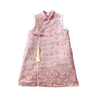 小童木 新中式国风女童连衣裙冬季新款复古提花盘扣女大童背心裙