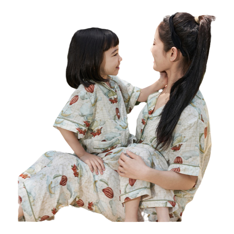 安旦春夏季竹棉纱布亲子家居服 薄款短袖长裤亲子装空调房睡衣