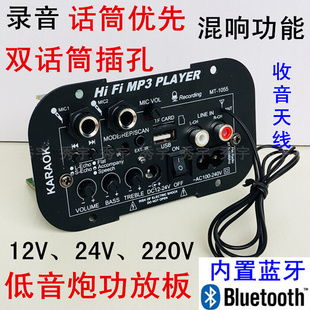 24V 1055双咪插孔低音炮功放板12V 220V收音蓝牙混响高低音箱主板