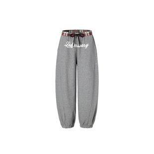 LEDIM WANG白标/复古休闲加绒弯刀卫裤女灰色阔腿长裤25秋冬新款