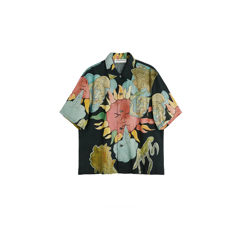现货】OurLegacy风格25SS BoxShirt太阳花印花棉麻短袖衬衣男女款