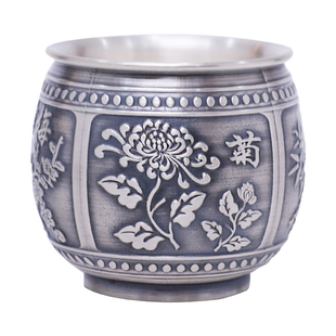 乔师傅小银杯999纯银茶杯子双层隔热防烫复古主人杯闻香杯品茗杯