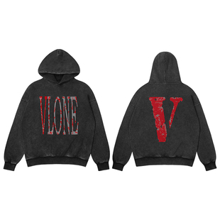 VLONESTAPLEHOODIE斑驳植绒大LOGO印花做旧水洗连帽卫衣男女同款