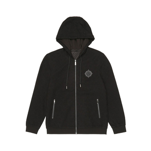 宾度男装秋冬男士独家花卉元素提花连帽休闲夹克通勤带帽黑色外套