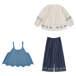 幼悠女童春秋新款长袖飞鸟衬衫宽松直筒裤叠穿毛衣吊带儿童套装潮