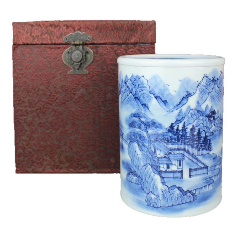 贵和祥青花山水茶叶罐景德镇手绘