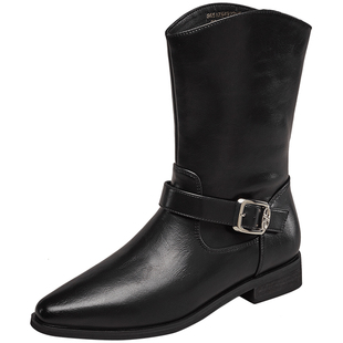 意尔康机车西部靴女2025秋冬新款美拉德复古金属锁扣长筒靴骑士靴