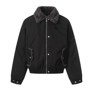 美式复古翻毛领拼接短款棉衣男女冬季潮流宽松保暖棉服外套黑色潮