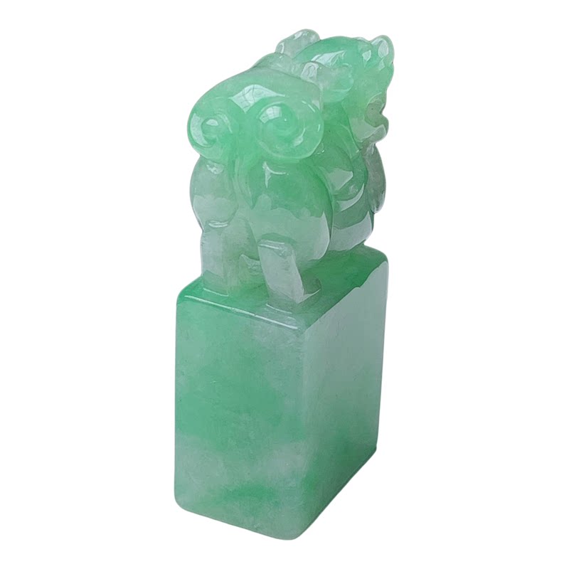 缅甸翡翠A货果冻绿貔貅印章玉石