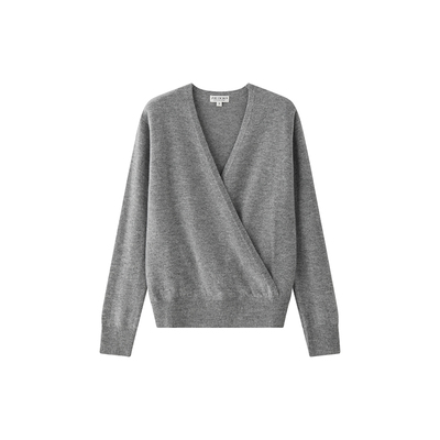 Into Fiction 法式芭蕾风100%美丽诺羊毛浅灰色V领针织衫围裹开衫