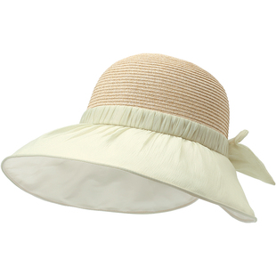 畹町海边度假草编帽女夏季出游遮太阳沙滩帽子网纱蝴蝶结编织盆帽