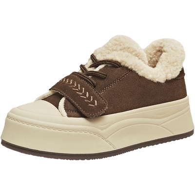 天美意复古厚底增高运动板鞋加绒毛毛鞋女鞋子休闲短靴2025冬新款