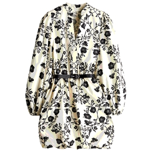 HM女装花卉连衣裙春季配腰带泡泡下摆设计感碎花裙1272211