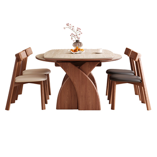 2025新款洞石岩板餐桌胡桃木色中古风实木伸缩折叠餐桌椅可变圆桌