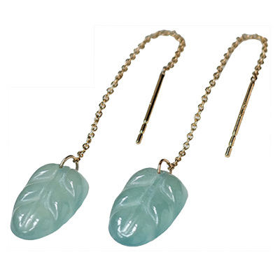 天然冰种翡翠叶子耳坠耳线女A货18k金扣头耳环镶嵌挂坠