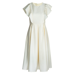 罗衣时尚通勤圆领白色连衣裙女夏气质日常逛街荷叶袖中长裙08873