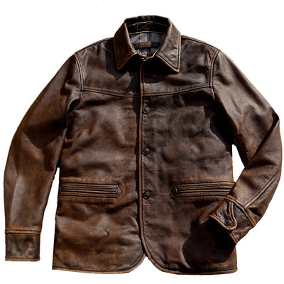 茶芯小牛皮重水洗美式复古皮衣