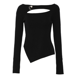 DPLAY2025秋季新款黑色毛衣女镂空修身针织衫时尚小衫上衣打底衫