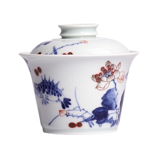 茶与器小桥窑仿古手绘八大山人写意青花釉里红马蹄盖杯二才盖碗