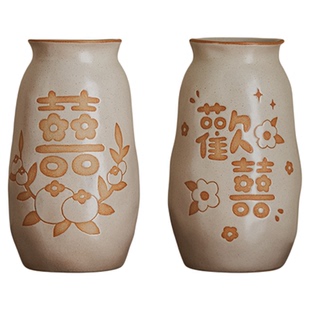 陶瓷喜乐花瓶文艺中式手工手绘水培插花器新婚婚庆新房礼品小摆件