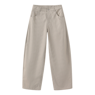 CUBIC夏日海岛 卡其色中腰纯棉弯刀休闲直筒长裤