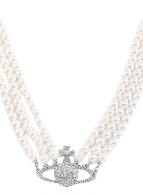 镶钻星球宽版珍珠项链女欧美个性轻奢choker水钻高级感吊坠锁骨链