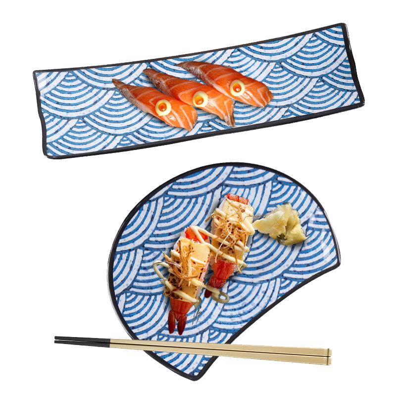 日式密胺仿瓷寿司碟子自助料理高级感塑料餐具商用长方形烤肉盘子