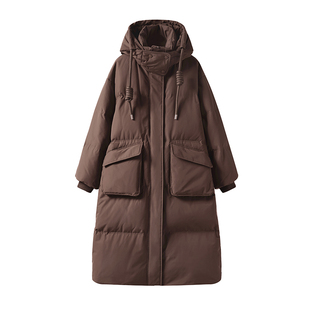 大嘎daga韩版长款羽绒服女2026新款过膝超长超厚连帽宽松冬季外套