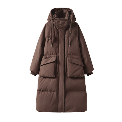 美拉德连帽超长款羽绒服女到脚踝