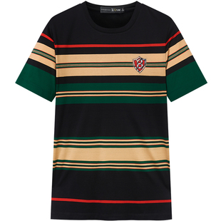 ZOUK欧货高端短袖t恤男条纹撞色印花潮牌百搭丝光棉男士体恤夏季