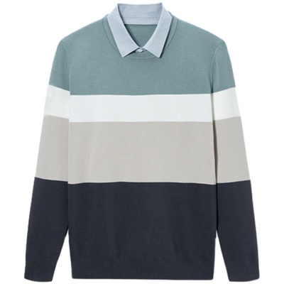 拼色条纹双领针织衫假两件