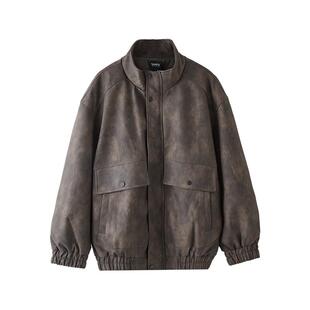 三福2025冬季满版蜡染PU皮衣夹克男加绒复古大口袋宽松外套510052