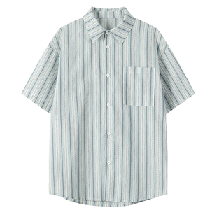 回力冰丝条纹短袖衬衫男士夏季薄款青少年高级感休闲衬衣男生外套