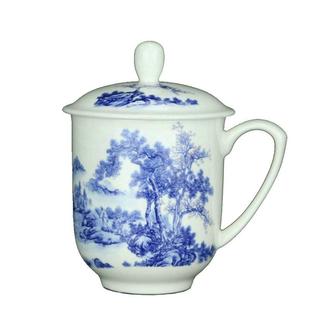 景德镇陶瓷器荷花茶杯骨瓷带盖杯子青花山水瓷器个人办公会议礼品