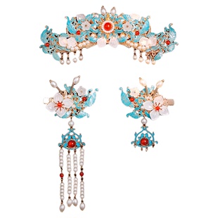 古风明制滴油发冠景泰蓝流苏对夹套装汉服头饰烧蓝珍珠发夹宋制