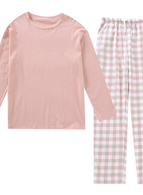 日系简约格子针织100%家居服套装