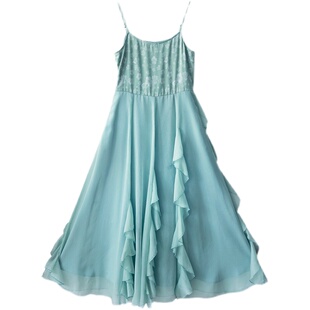 【画屏春】吊带连衣裙女夏季2025新款水绿色清新长裙别致漂亮裙子
