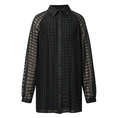 BCBG春夏简约时髦精致范褶饰插肩袖格纹提花轻薄长袖衬衫外套女